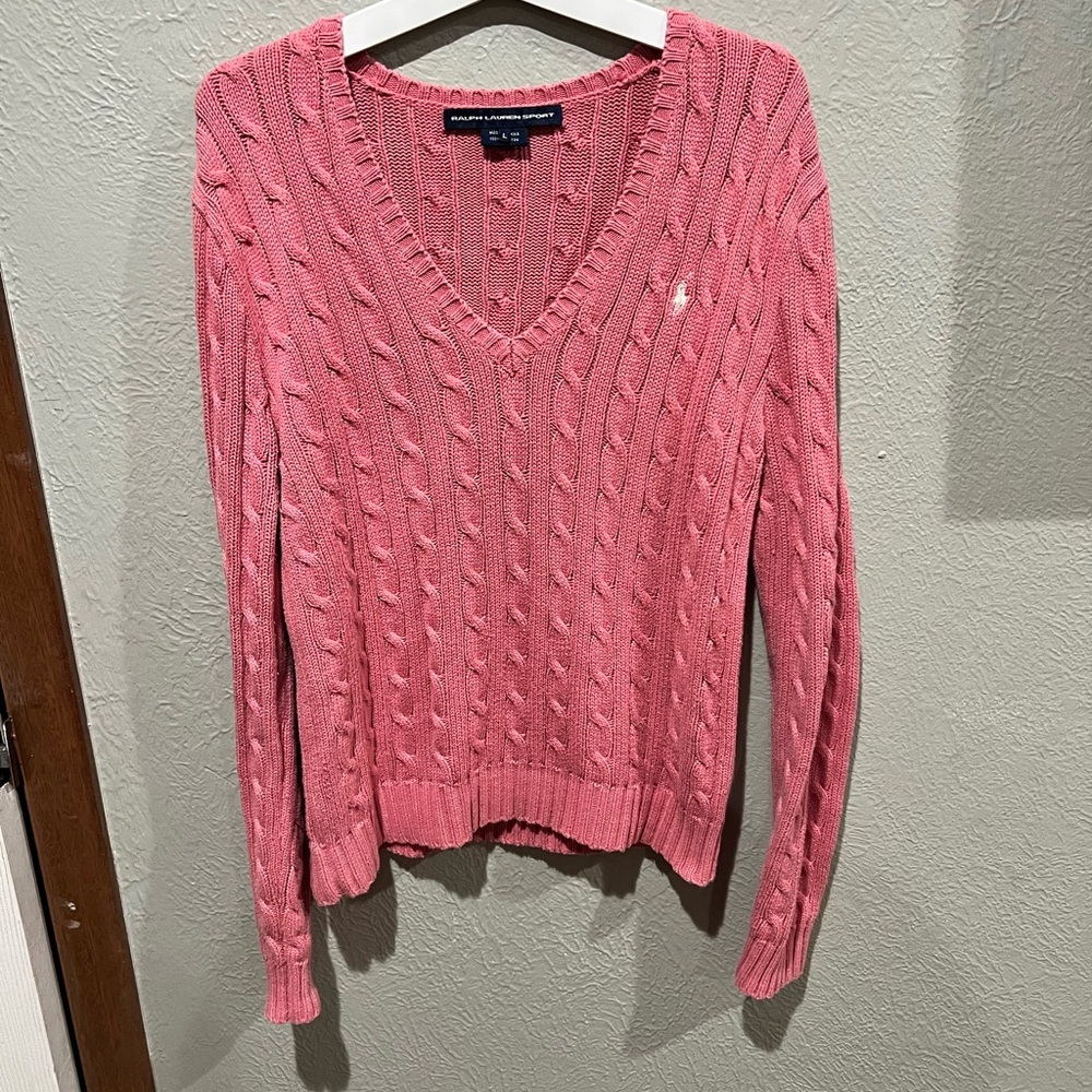 Ralph Lauren Pink V-Neck Cable Sweater 100% Cotton Size M